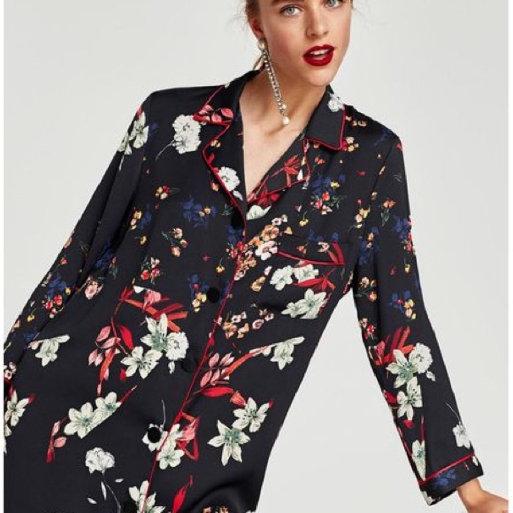 Sz XS Zara Pajama Style Floral Tunic Mini Shirt Dress w Long Sleeve Retro 90s